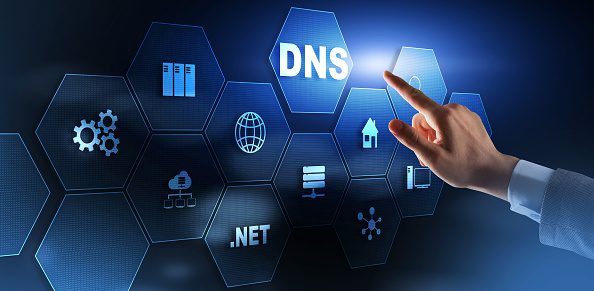 DNS concept businessman touching on virtual screen.